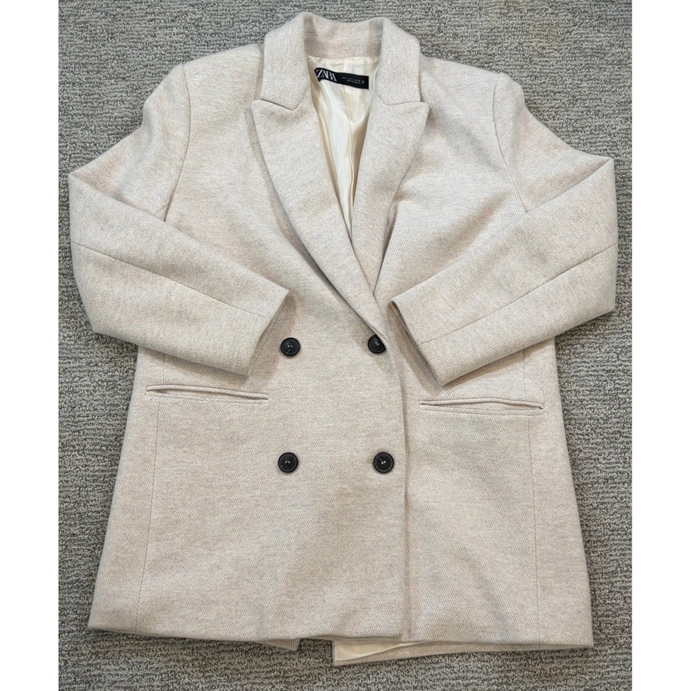 ZARA Cream Tweed Wool Blend Fitted Pea Steampunk Coat Size Small‎ EUC